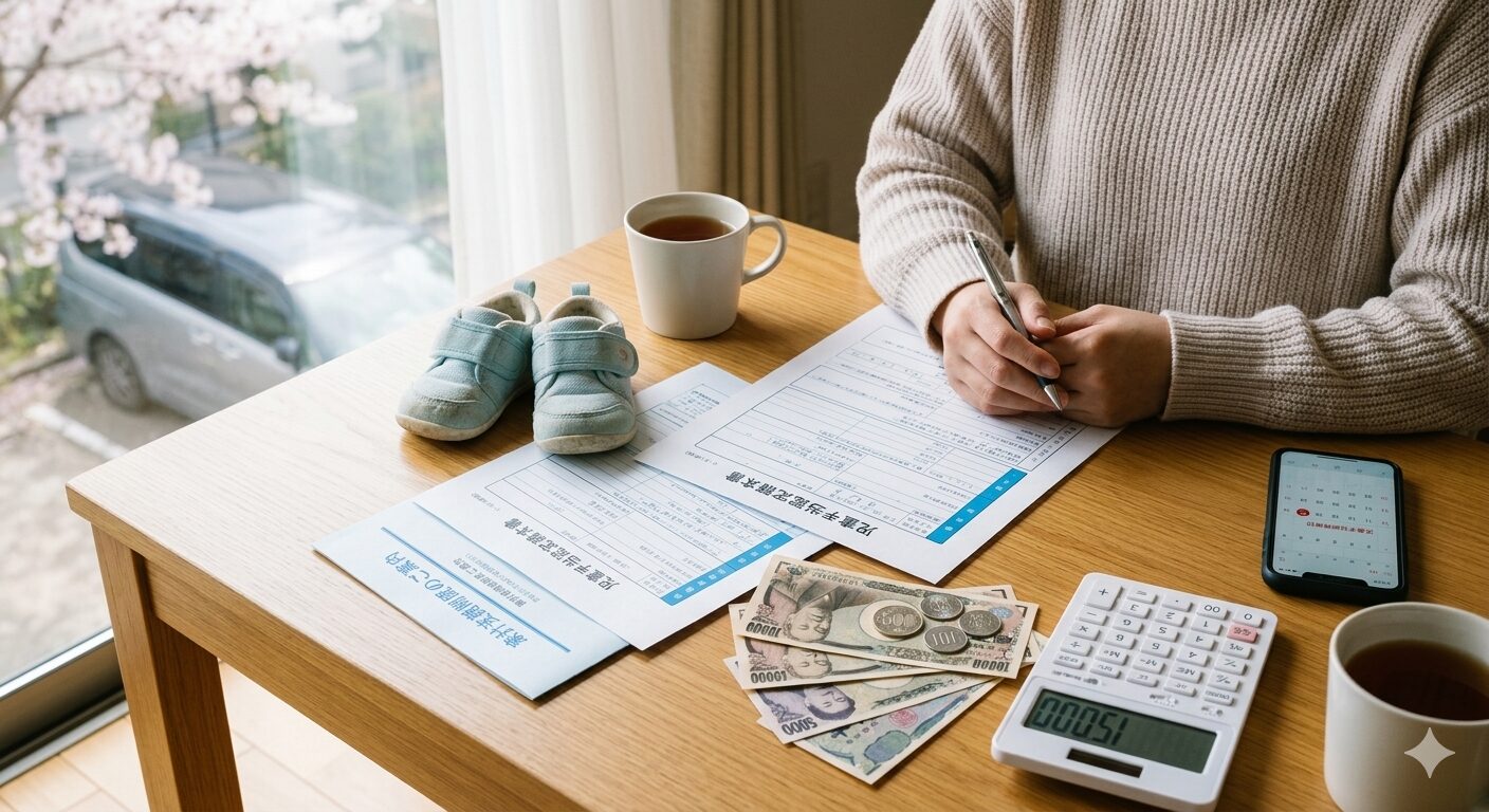 日本の児童手当の申請書類と日本円の小銭、1歳児の靴を準備する家庭の風景