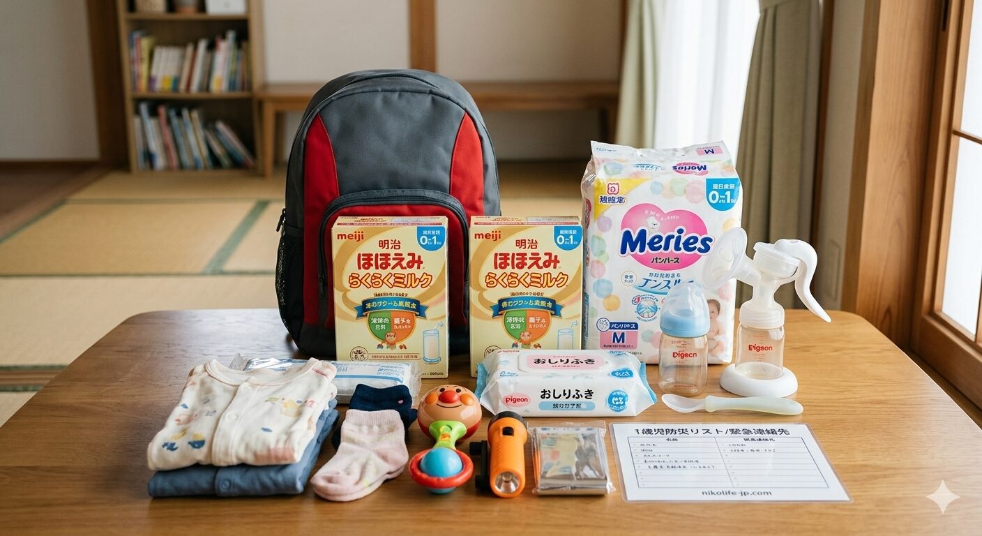 1歳児の防災セットと非常食、抱っこ紐を準備する日本の家庭の風景