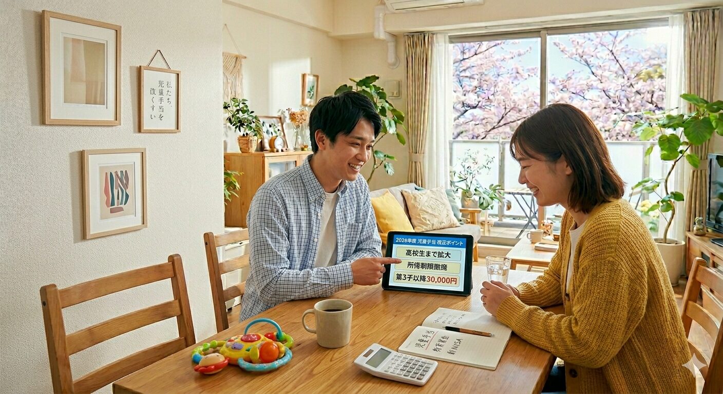 2026年4月の児童手当改正を説明する資料をタブレットで見ている日本人夫婦。リビングのテーブルには家計簿や電卓があり、新年度の家計計画を真剣かつ明るい表情で話し合っている様子。