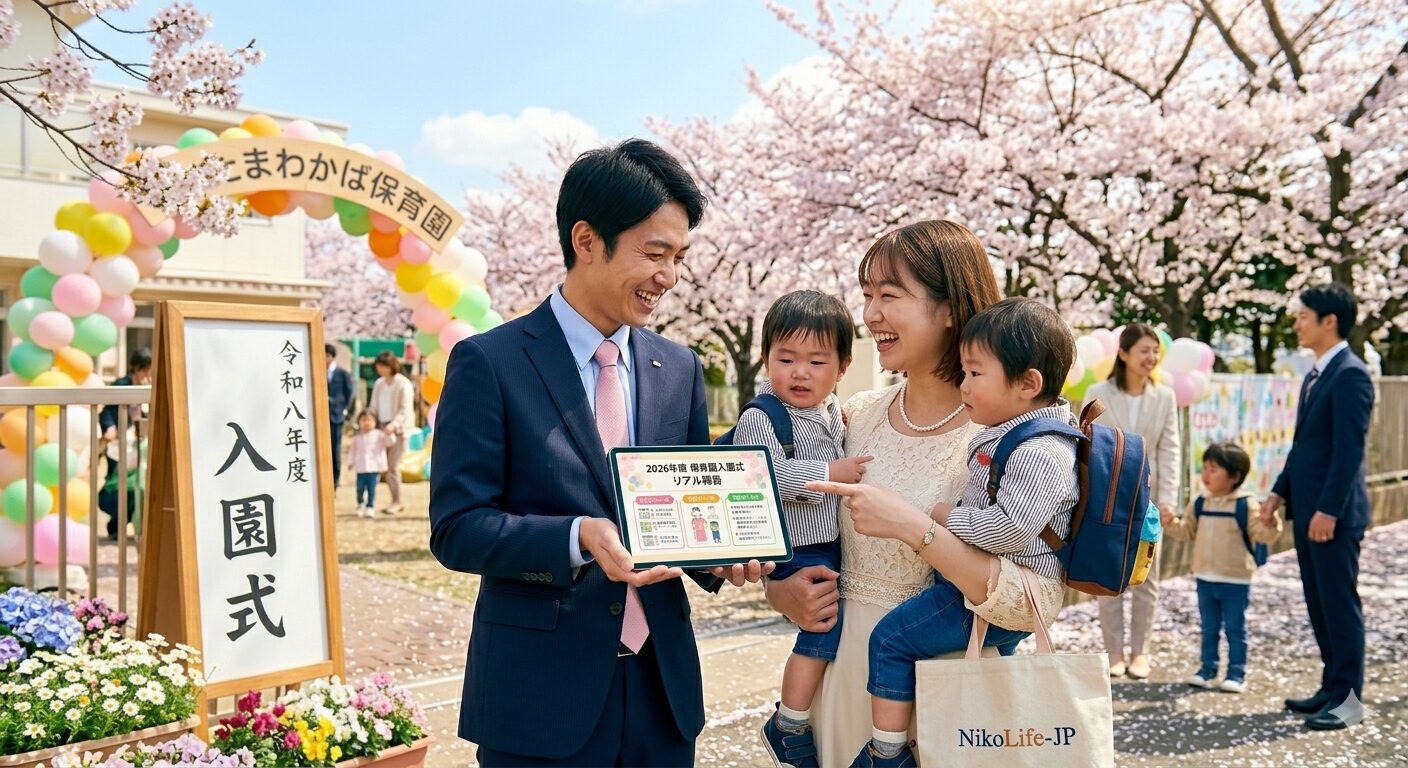 2026年4月1日の保育園入園式、満開の桜の下で、「令和八年度 入園式」と書かれた看板の横に、セレモニースーツを着た日本人母親が1歳児を抱っこし、ビジネススーツを着た父親が笑顔でタブレット（当日のスケジュールを表示）を見せながら立っている、春の明るい風景。
