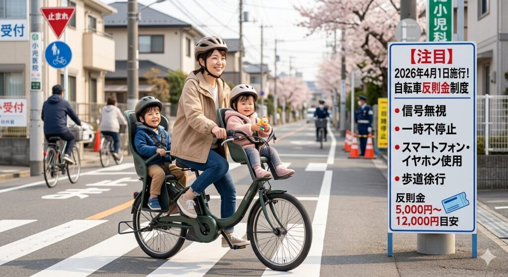 日本の街角で自転車に乗る人と、2026年4月から施行される「自転車の交通ルール改正」を知らせる看板のイメージ画像。