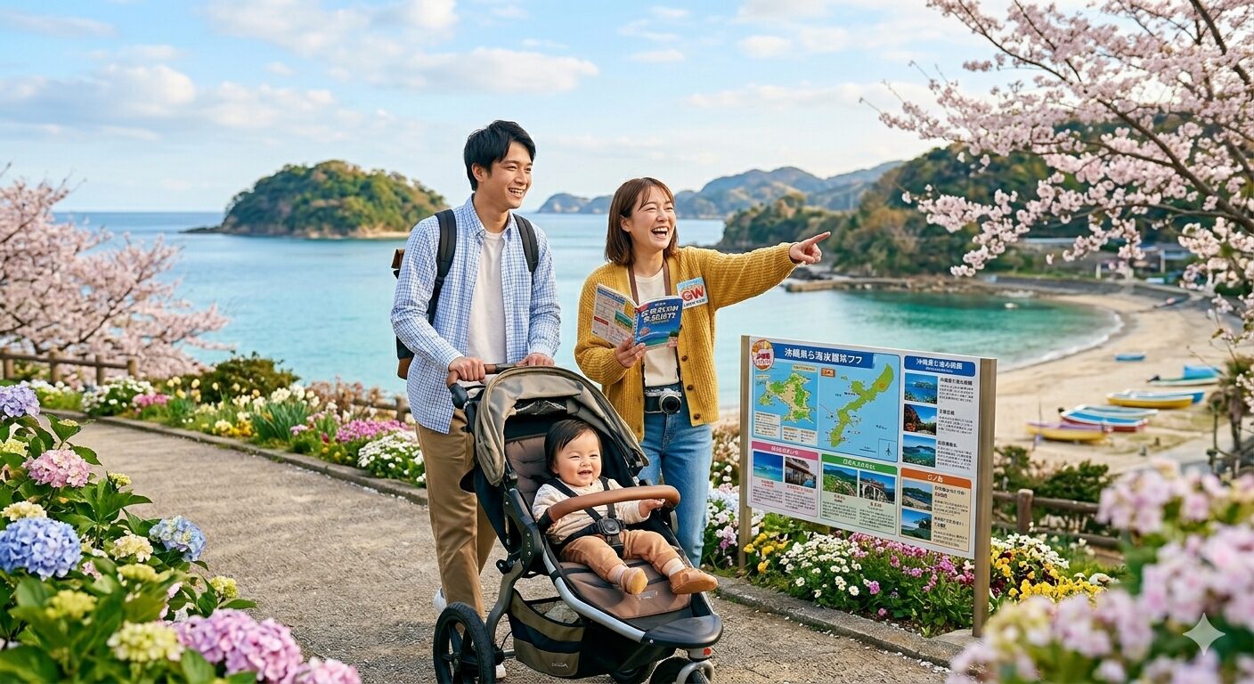 日本のゴールデンウィーク（GW）期間中、1歳児を連れて海沿いの観光地を家族旅行する日本人家族の様子。