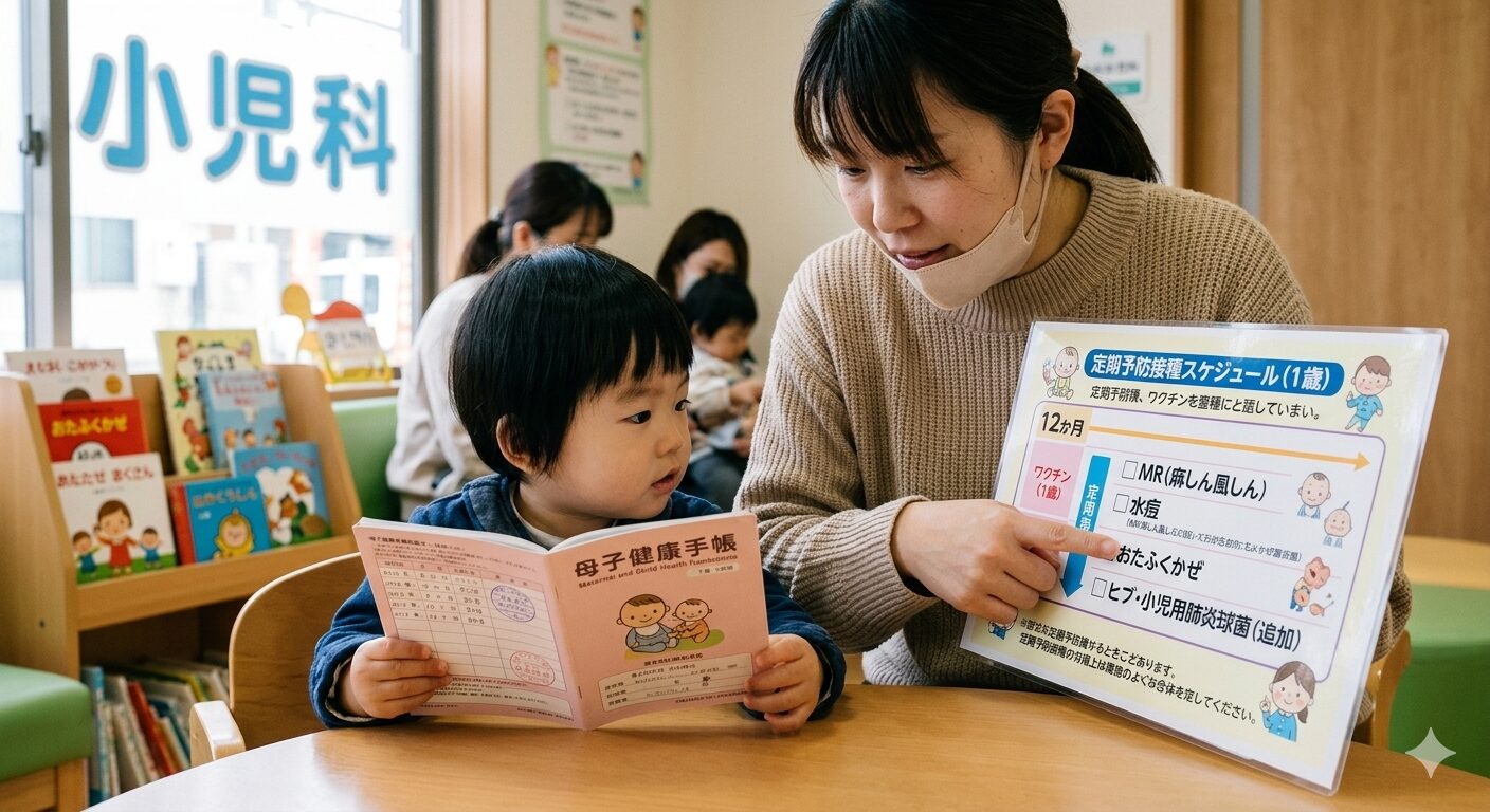 日本の小児科で1歳児の予防接種スケジュールを確認する母と、子供の健康記録簿（母子手帳）のイメージ