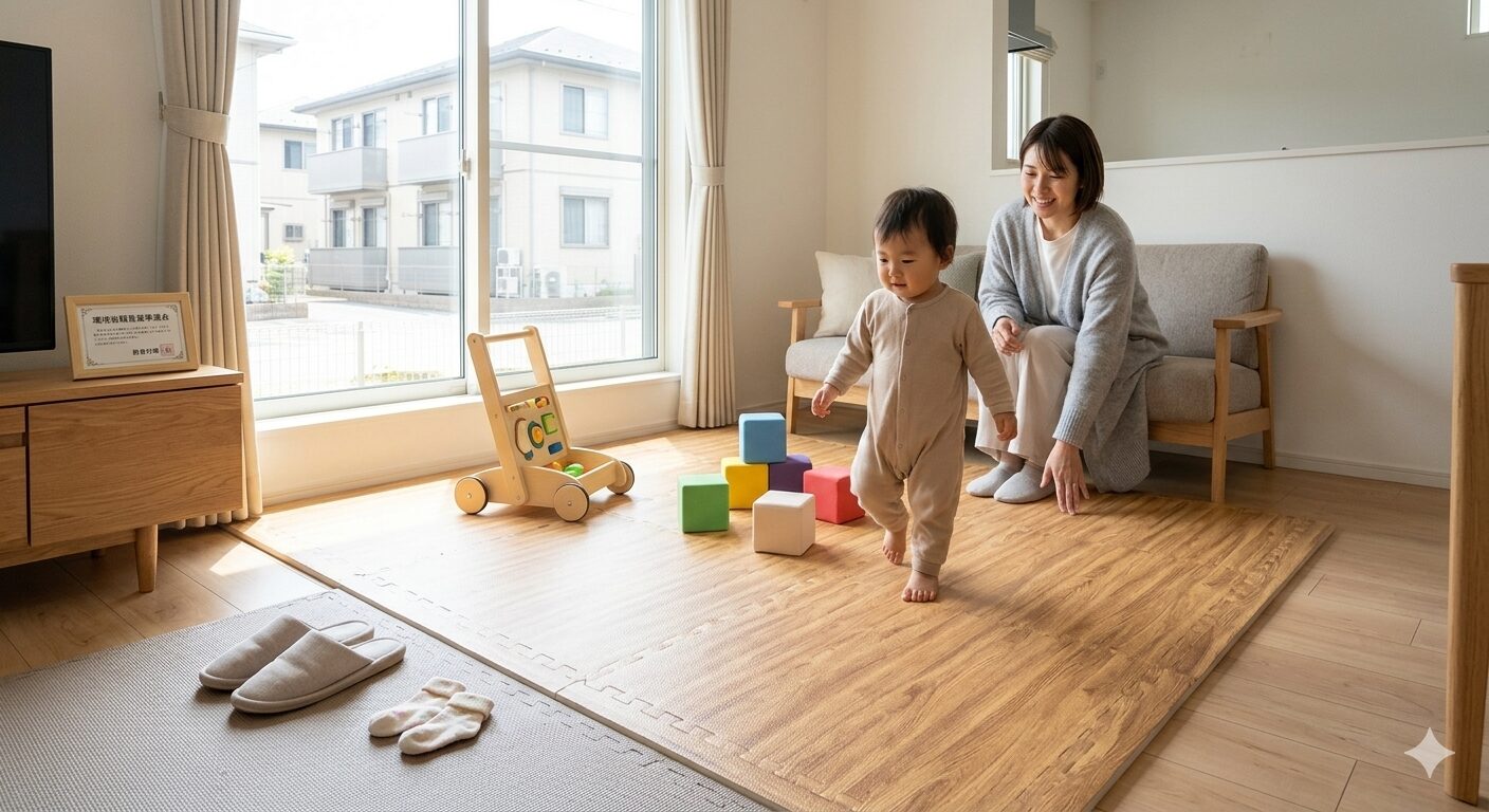 日本のマンションのリビングで厚手のジョイントマットを敷いて遊ぶ1歳児と,階下への騒音対策を気にかける家族のイメージ