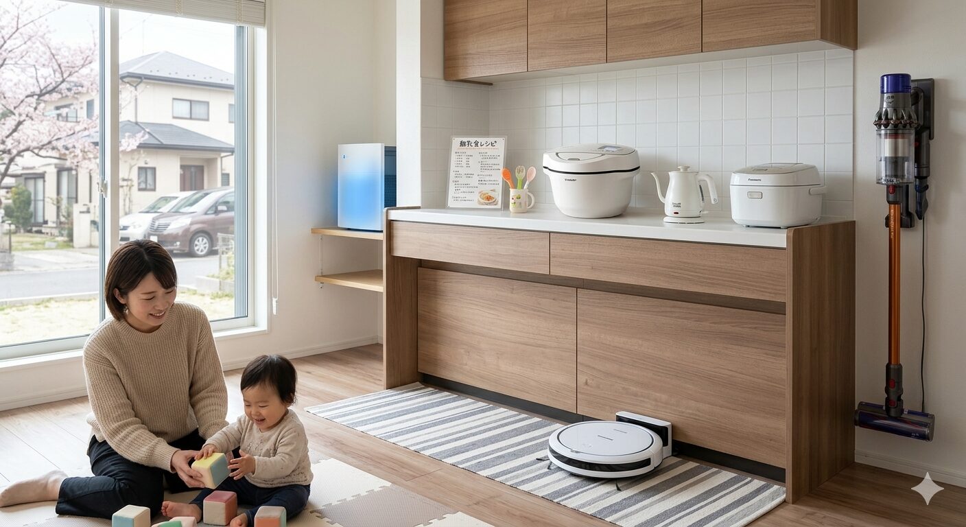 日本の現代的なキッチンで,床のロボット掃除機とカウンター上の自動調理器(ホットクック),壁掛けコードレス掃除機が稼働する中で,1歳児と遊ぶ母のイメージ