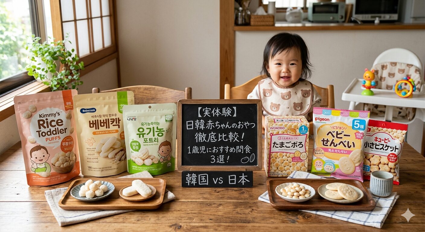 韓国のお米のお菓子と日本の赤ちゃんせんべい、たまごボーロを比較したイメージ画像。中央の黒板には「日韓赤ちゃんのおやつ徹底比較！」と書かれている。