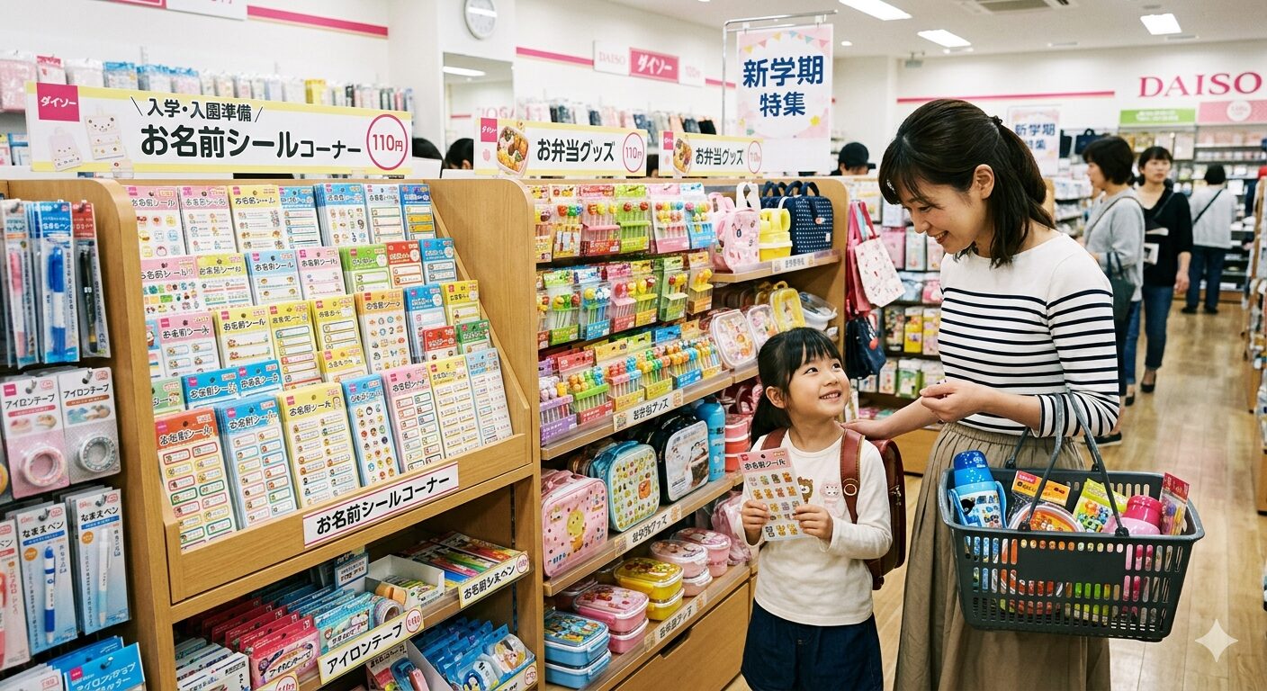 日本のダイソーの店内に並ぶ新学期の名前シールやお弁当グッズの棚。色とりどりのピックやアイロンテープが陳列されており、入学準備をする家族の様子をイメージした清潔感のある写真。