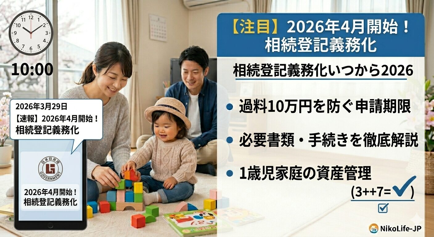 タブレットとインフォグラフィックパネルで「2026年4月開始の相続登記義務化」について確認する若い日本人夫婦と、その傍らで木製ブロックで遊ぶ1歳の子供の画像。パネルには「過料10万円を防ぐ申請期限」や「必要書類・手続きを徹底解説」などの文字が日本語で書かれている。