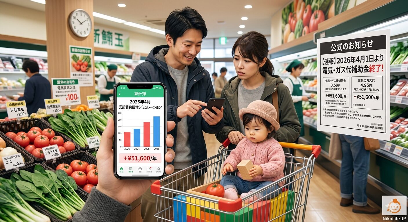 スーパーマーケットの野菜売り場で、スマートフォンに表示された家計簿アプリの「光熱費負担増シミュレーション」のグラフを確認する日本の若い夫婦と、その傍らで買い物カートに座る1歳の子供の画像。陳列棚には「2026年4月 電気・ガス代補助金終了」という公式のお知らせが貼られている。夫婦の表情は真剣で、4月からの支出増を具体的に計算している。