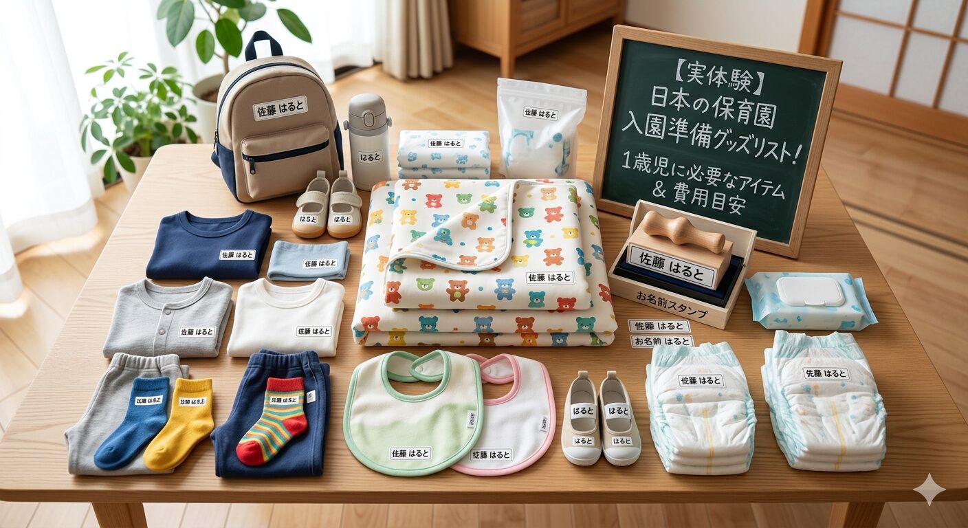 日本の保育園の入園準備グッズであるお昼寝布団、お名前スタンプ、お食事エプロンが綺麗に並べられたイメージ