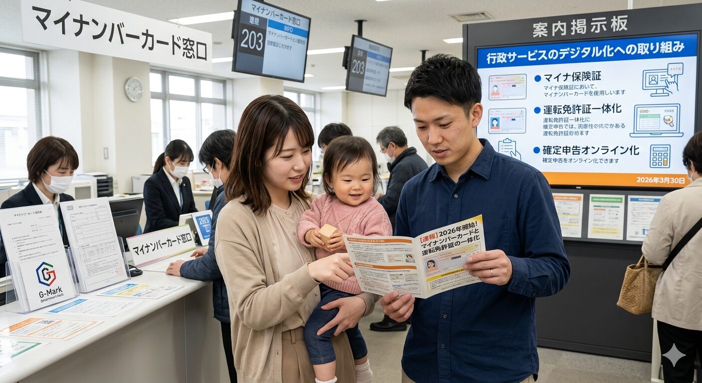 市役所のマイナンバー窓口で、2026年から導入された「マイナンバーカードと運転免許証の一体化」に関するパンフレットを真剣に読み合わせる日本の若い夫婦と、抱っこされている1歳の子供의 이미지画像。背景에는マイナンバー手続き의 案内掲示板이 見え、行政サービスのデジタル化について確認している様子.