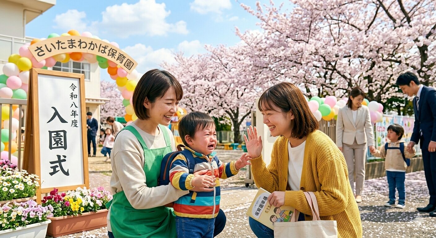 保育園の入園初日、先生に抱っこされて泣いている1歳児を笑顔で励ましながらバイバイする日本人母親の様子。背景には満開の桜と保育園の入り口に「入園式」の看板が見える、春の明るい風景。