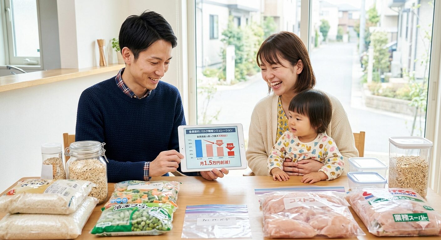 明るいキッチンで、ITコンサルタントのアパがタブレットを使って、コストコや業務スーパーで購入した大量の食材の単位単価を計算し、家計の最適化をシミュレーションしている様子。ママが横で食材を丁寧に小分けして冷凍保存の準備をしており、夫婦で協力して物価高から家計を衛る温かい日常の風景。