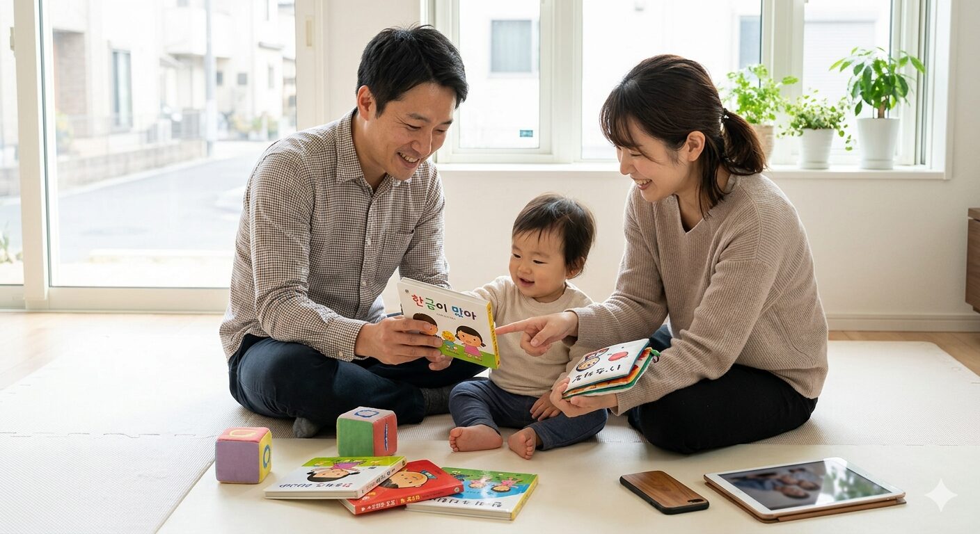 日韓夫婦が明るいリビングで、韓国と日本の絵本を広げながら子供と一緒に楽しく過ごしている様子。異なる文化が調和した温かい家庭の雰囲気を表現している。