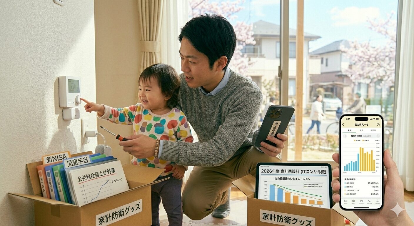 2026年4月、窓から桜が見えるリビングで、最新の電気代検針票とスマートフォンの「電力比較アプリ」を並べて、真剣な表情で家計の固定費削減プランを練っている日本人父親。机の上にはスマートリモコンとITコンサルタントらしい「光熱費シミュレーション」のグラフが描かれたノートが置かれており、効率的な家計管理の雰囲気が伝わる。