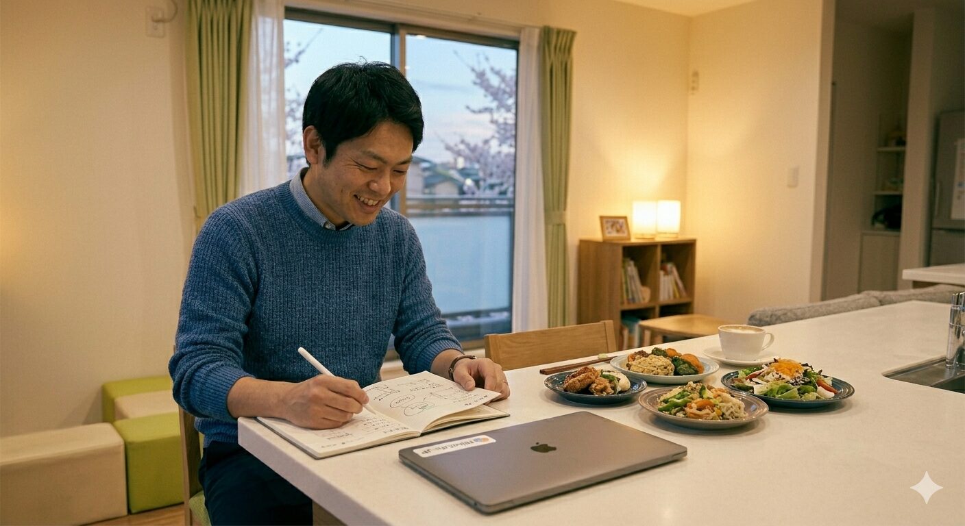 2026年4月の木曜日の夜、明るいキッチンで、セブンイレブンやローソンの健康的な惣菜やサラダをスマートにお皿に盛り付けている日本人パパ。隣には仕事用のノートパソコンが閉じられ、短時間で栄養バランスの取れた夕食を準備し、リラックスした表情で自分時間を楽しもうとしている、都会的で効率的なライフスタイルの光景。