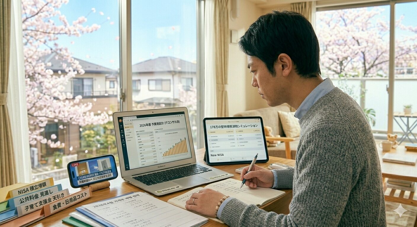 2026年4月、窓から満開の桜が見える書斎で、ノートパソコンと複数のスマートフォン（家計簿アプリ）を並べ、真剣な表情で新年度の予算シミュレーションを行っている日本人父親の様子。机の上には「NISA」「公共料金」「子育て支援」と書かれたフォルダと、ITコンサルタントらしい整然とした分析資料が置かれている。