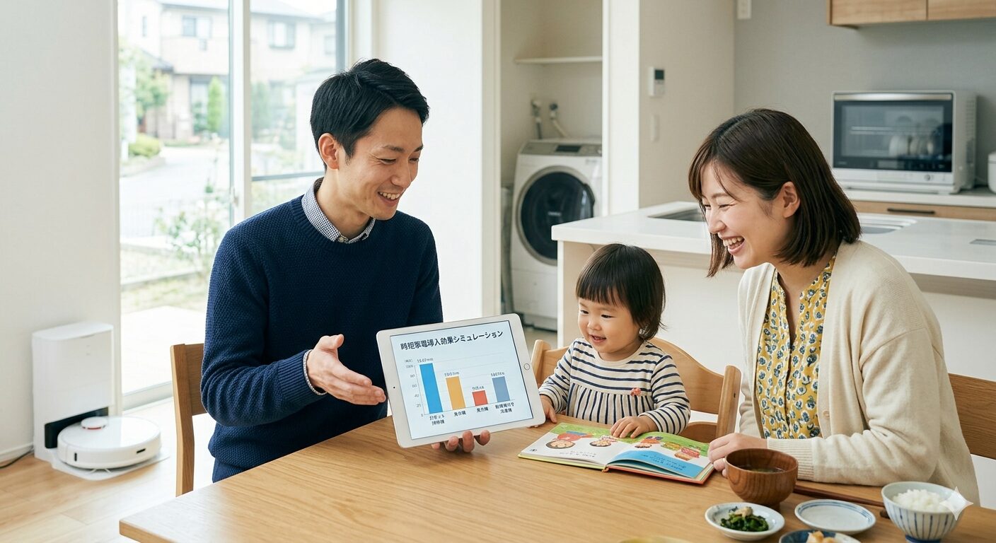 明るい日本のリビングで、ITコンサルタントのアパがタブレットを使い、時短家電（ロボット掃除機、食洗機、乾燥機付き洗濯機）のエネルギー効率と家計への影響をシミュレーションしている様子。ママと1歳児の子供が横で笑顔で相談しており、テクノロジーを活用して家族の時間を最適化している温かい日常の風景。
