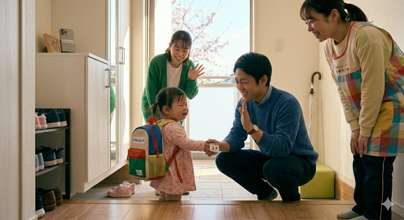 2026年4月の水曜日の朝、日本の保育園の玄関先で、泣いている1歳の子供の目線に合わせてしゃがみ、優しく微笑みながら「いってきます」と手を振る日本人パパの姿。背景には満開の桜が窓から見え、保育士の先生が温かく迎え入れている。リアルな登園の光景を捉えた、温かみのある写真。