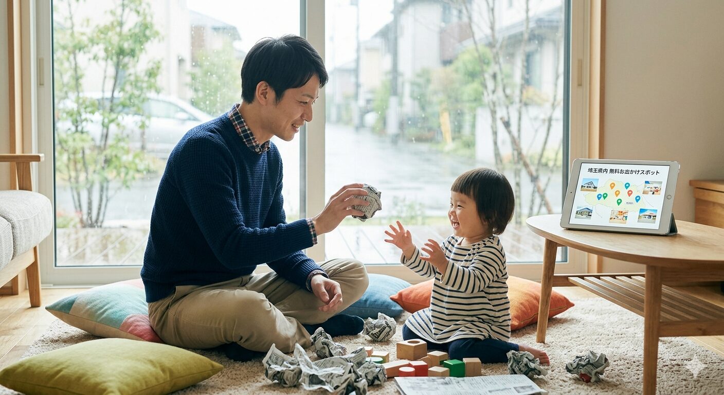 雨の外を窓から眺めながら、明るいリビングでITコンサルタントのアパが1歳児の子供と一緒に、クッションや新聞紙を使って室内遊びを楽しんでいる様子。テーブルには埼玉県内の屋内無料スポットが載ったタブレットが表示されており、天候に関わらず家族の時間を最適化している温かい風景。