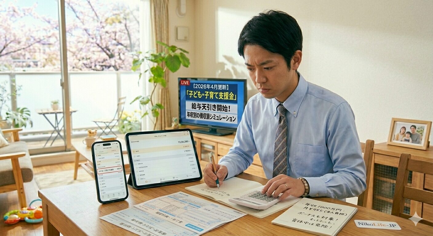 2026年4月の朝、満開の桜が窓から見えるリビングで、4月支給の給与明細（デジタル明細）をスマートフォンで確認し、新しく追加された「子ども・子育て支援金」の控除額を見て、驚きながらも電卓で家計の再計算をしている日本人サラリーマンの様子。テーブルの上には、ITコンサルタントらしい整然としたノートとペンが置かれている。