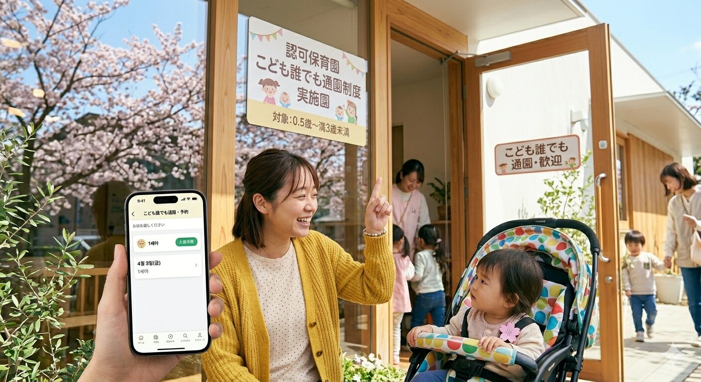 2026年4月、満開の桜が咲く明るい保育園の入り口で、新しく導入された「こども誰でも通園制度」の案内板を興味深く見つめる日本人母親と1歳児の子供の様子。母親はスマートフォンを手に持ち、施設の空き状況を確認している。保育園の玄関には「誰でも通園・歓迎」のステッカーが貼られており、新年度の活気ある雰囲気が感じられる。