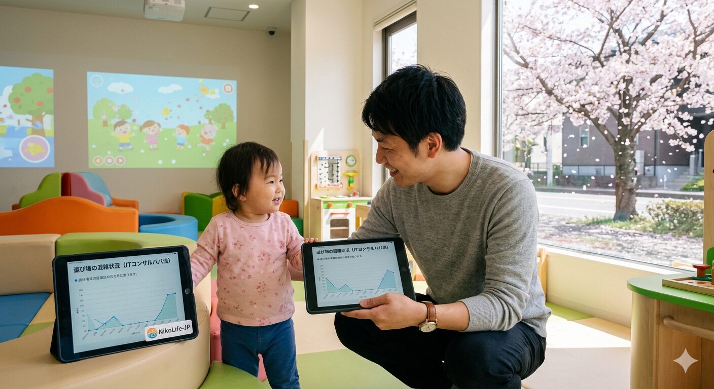 2026年4月の週末、最新のデジタル技術を活用した明るく清潔な室内遊び場で、笑顔で遊ぶ1歳児とそれを見守る日本人パパの姿。手元にはタブレットで「遊び場の混雑状況」を確認しているITコンサルタントパパの様子が映っており、背景には桜が舞う屋外とは対照的な、快適な室内環境が表現されている。