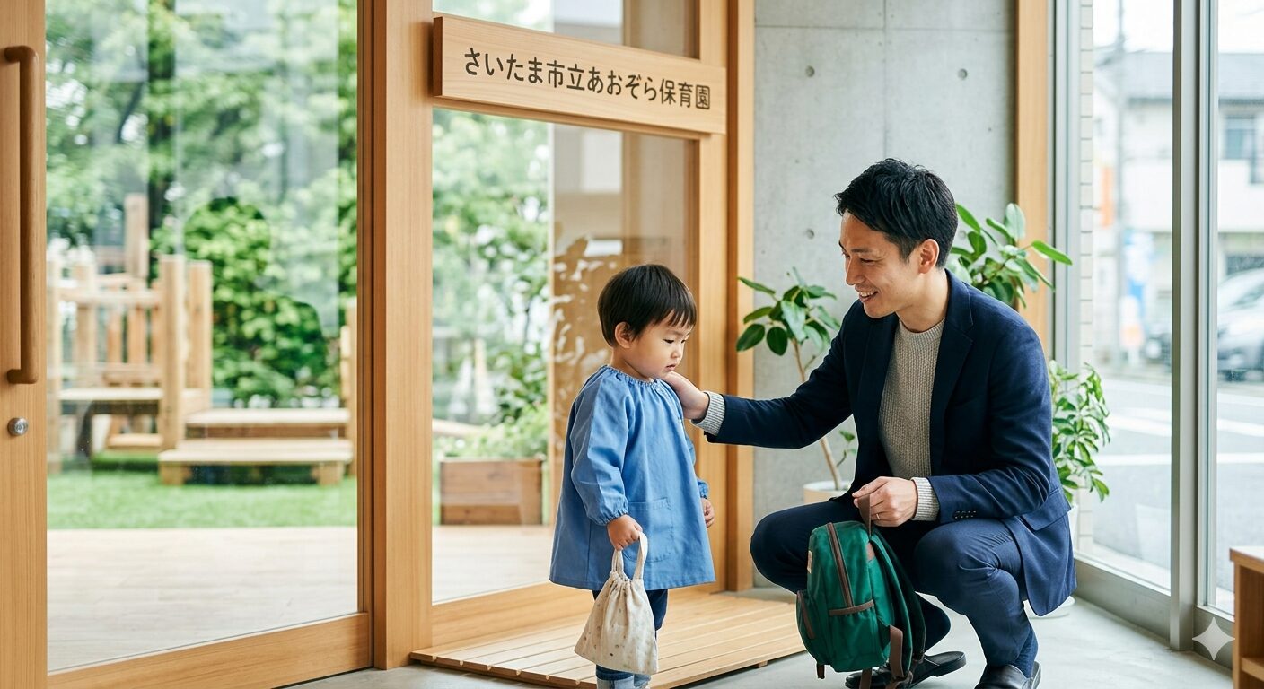 保育園の入り口で、パパに預けられる際に少し寂しそうな表情を浮かべる1歳児と、優しく笑顔で励ますパパの様子。背景には明るい保育園の園庭が見え、成長のステップとしての登園シーンを温かい雰囲気で描写している。