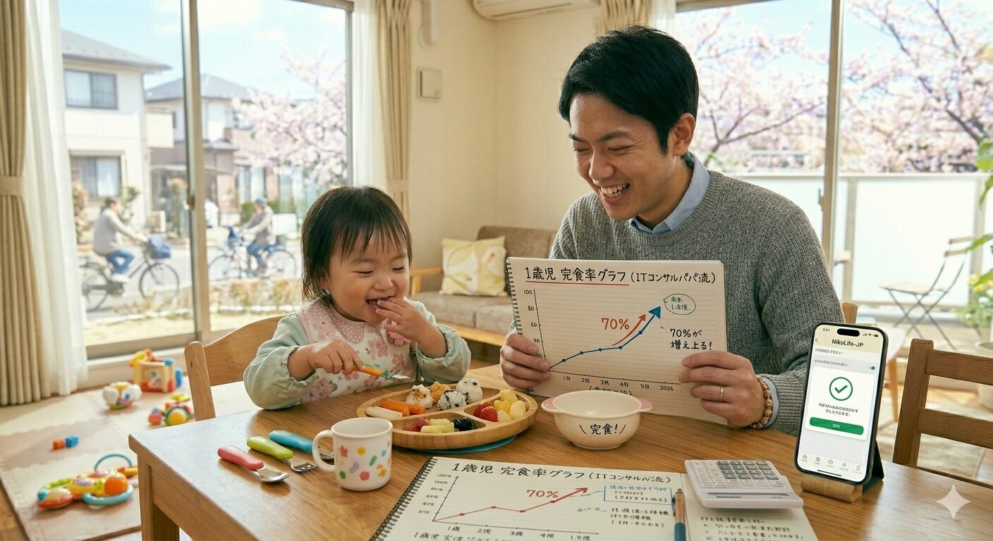 2026年4月の昼下がり、明るいキッチンで1歳児が楽しそうに手づかみ食べをしている様子。テーブルの上には完食した小さなお皿と、ITコンサルタントパパが作成した「1歳児の完食率グラフ」が描かれたノートが置かれている。背景には満開の桜が見える窓があり、新年度のポジティブな食育の雰囲気が伝わる。