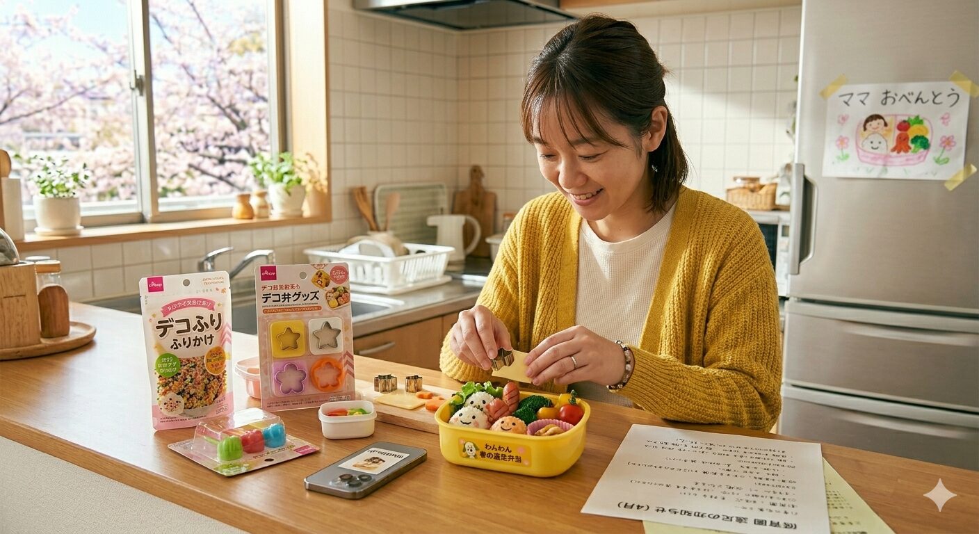 明るいキッチンで、ダイソーで購入した可愛い抜き型やシリコンカップを使い、1歳児用の小さな一口サイズのおにぎりとおかずを詰めている日本人母親の様子。テーブルの上には、春の遠足をテーマにした可愛らしいお弁当箱が完成しており、その横には保育園からの「遠足のお知らせ」のプリントが置かれている。