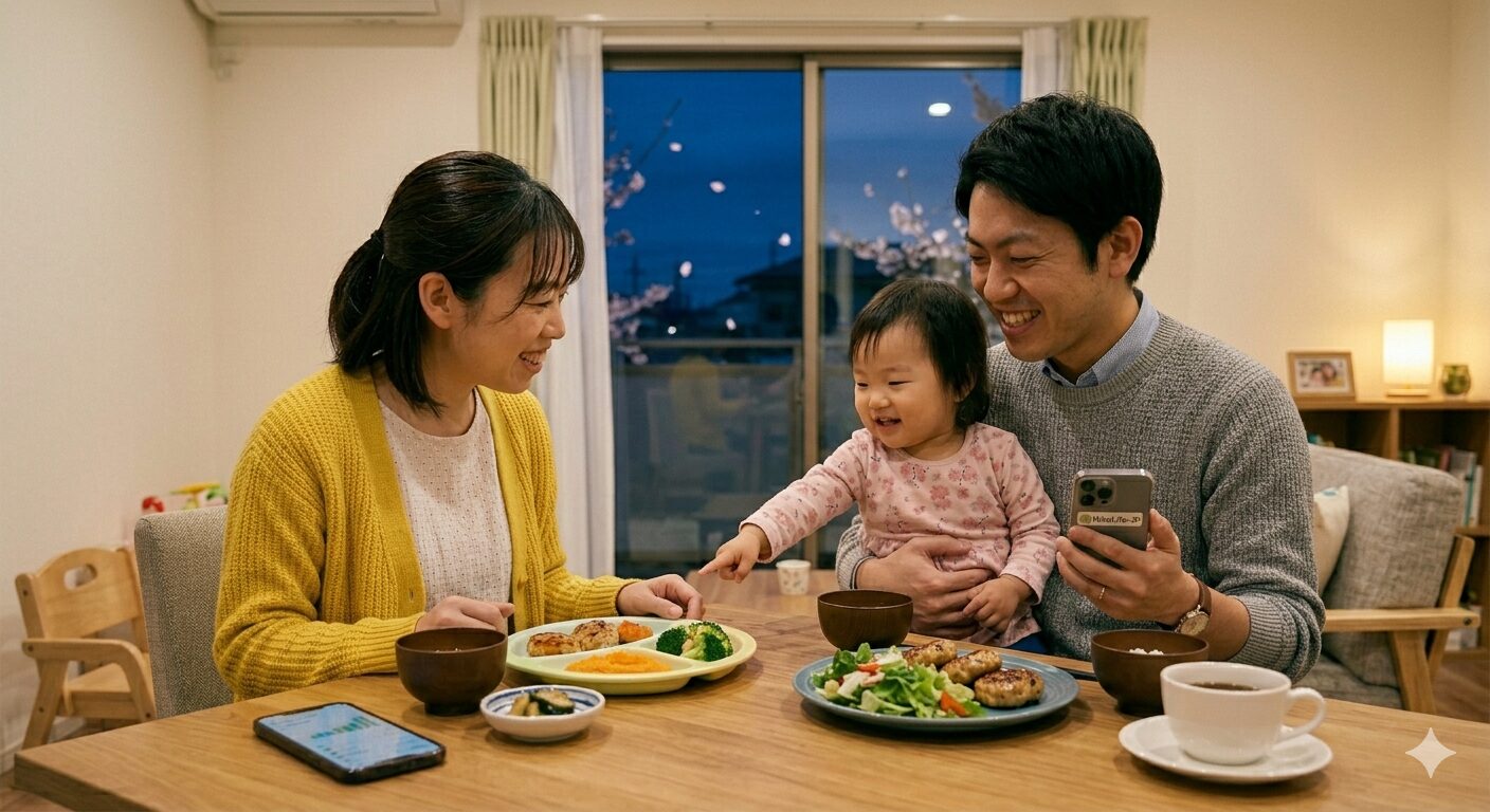 2026年4月の月曜日の夜、明るく温かい照明のリビングダイニングで、昨日準備した作り置きを並べて、1歳の子供と一緒に美味しそうに夕飯を食べている日本人家族の風景。テーブルの上には、彩り豊かな子供用プレートと、大人のための和風つくねが並んでおり、仕事帰りのパパもリラックスした笑顔を見せている。忙しい月曜日を賢く乗り越えた、達成感と幸せに満ちた日常の1コマ。