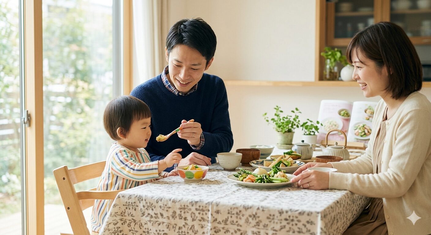 春の陽光が差し込む明るいキッチンで、ITコンサルタントのアパとママが一緒にタケノコやアスパラガスなどの春野菜を調理している風景。1歳児の子供が椅子に座り、楽しそうに野菜を眺めている。食卓には彩り豊かな旬の料理が並び、家族で健康的な食生活を最適化している様子を温かく描写している。