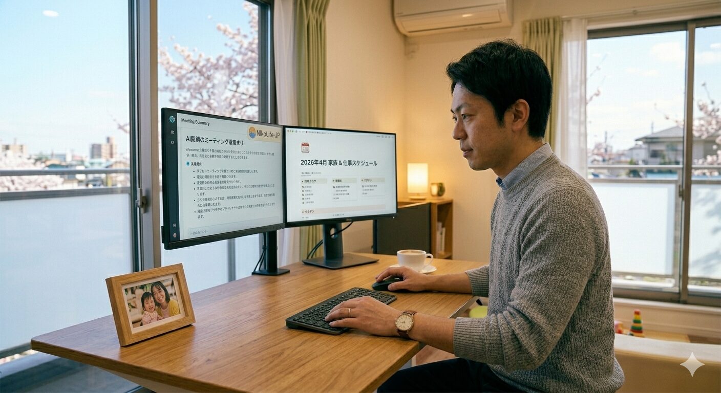 2026年4月の月曜日の午前中、明るくモダンなホームオフィスで、集中した表情でデュアルモニターに向かっている日本人パパ。モニターの一方には最新のAI要約ツールとNotionのスケジュール表が表示されており、デスクの端には1歳の子供が描いた可愛らしい絵が飾られている。仕事のプロフェッショナルさと、家族への愛情が共存する、スマートな働き方を象徴する風景。