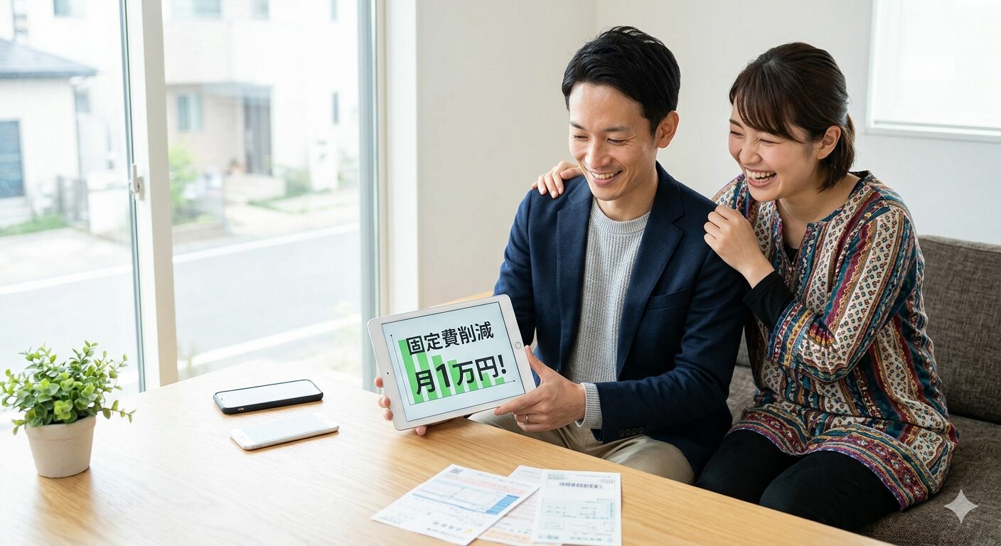 明るいリビングで、ITコンサルタントのアパがタブレットで固定費削減のシミュレーション結果を確認し、ママと笑顔で相談している様子。テーブルにはスマートフォンと光熱費の明細書が置かれ、家計管理システムの最適化が進んでいる様子を表現している。