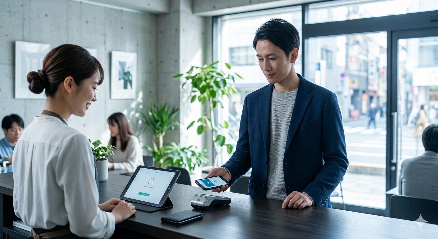 日本のモダンなカフェでスマートフォンを使いスマートに決済を行う男性の様子。テーブルには薄型のカードケースが置かれ、テクノロジーを駆使した効率的なライフスタイルを表現している。明るく清潔感のある雰囲気。