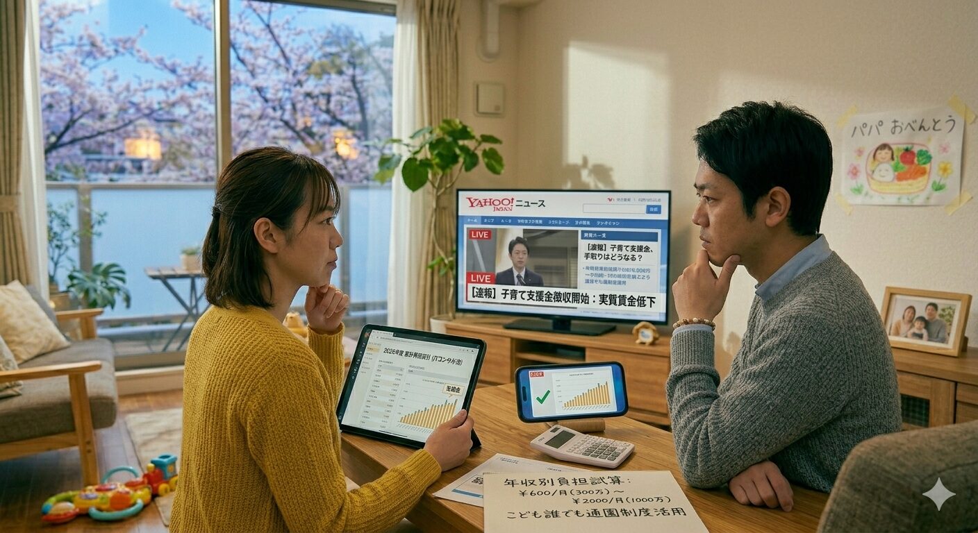 2026年4月の夕暮れ時、リビングでニュース番組を見ながら、複雑な表情で4月から始まった「子育て支援金」の負担額をタブレットで計算している日本人夫婦。画面には「実質賃金低下」というニュースの見出しが映っており、手元にはITコンサルタントらしい精緻な「家計資産防衛マップ」が広げられている。背景の窓からは夜桜が見え、少し厳粛ながらも将来を見据えた前向きな家族の対話が感じられる。