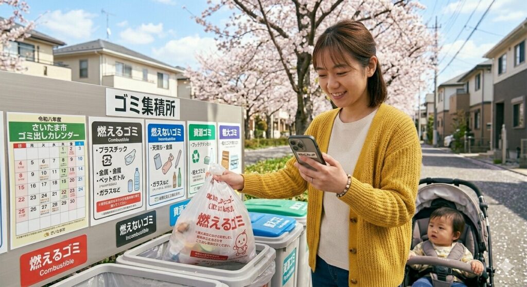 2026年4月の新生活、満開の桜が咲く日本のマンションのゴミ集積所で、スマートフォンの自治体公式「ゴミ出しアプリ」のカレンダー画面を見ながら、指定ゴミ袋に入れた「燃えるゴミ」を正しい曜日に出している日本人母親の様子。集積所には、燃えないゴミや資源ゴミの細かい分別ルールが書かれた看板が設置されている。