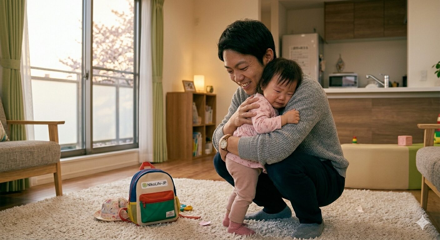 2026年4月の月曜日の夕方、保育園の初登園を終えて帰宅したばかりの1歳児を、優しい笑顔で力いっぱい抱きしめている日本人パパの姿。子供は少し泣き腫らした顔をしているが、パパの腕の中で安心した表情を見せている。部屋の背景には脱ぎ捨てられた小さな通園バッグと帽子が見え、親子が新しい挑戦を共に乗り越えた温かい絆が感じられる日常の風景。