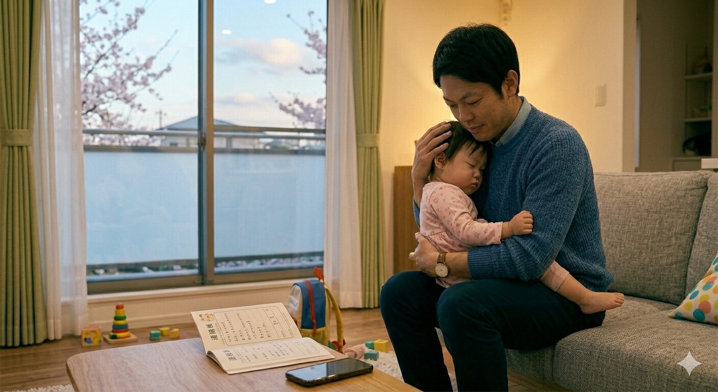 2026年4月の木曜日の夕方、薄暗くなり始めたリビングのソファで、疲れ果ててパパの胸の中でぐっすりと眠っている1歳の子供。パパは子供を愛おしそうに抱きしめ、優しく頭を撫でている。テーブルには保育園の連絡帳が置かれ、一週間の疲れを癒やす親子の静かで温かい時間が流れている。