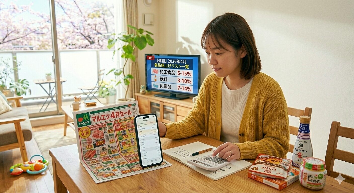 2026年4月の食品値上げニュースが流れるテレビの前で、スマートフォンの家計簿アプリを見ながら、スーパーのチラシと電卓を使って真剣に4月の食費予算を立てている日本人主婦の様子。テーブルの上には、ストック用の調味料や1歳児用のベビーフードが並んでいる。