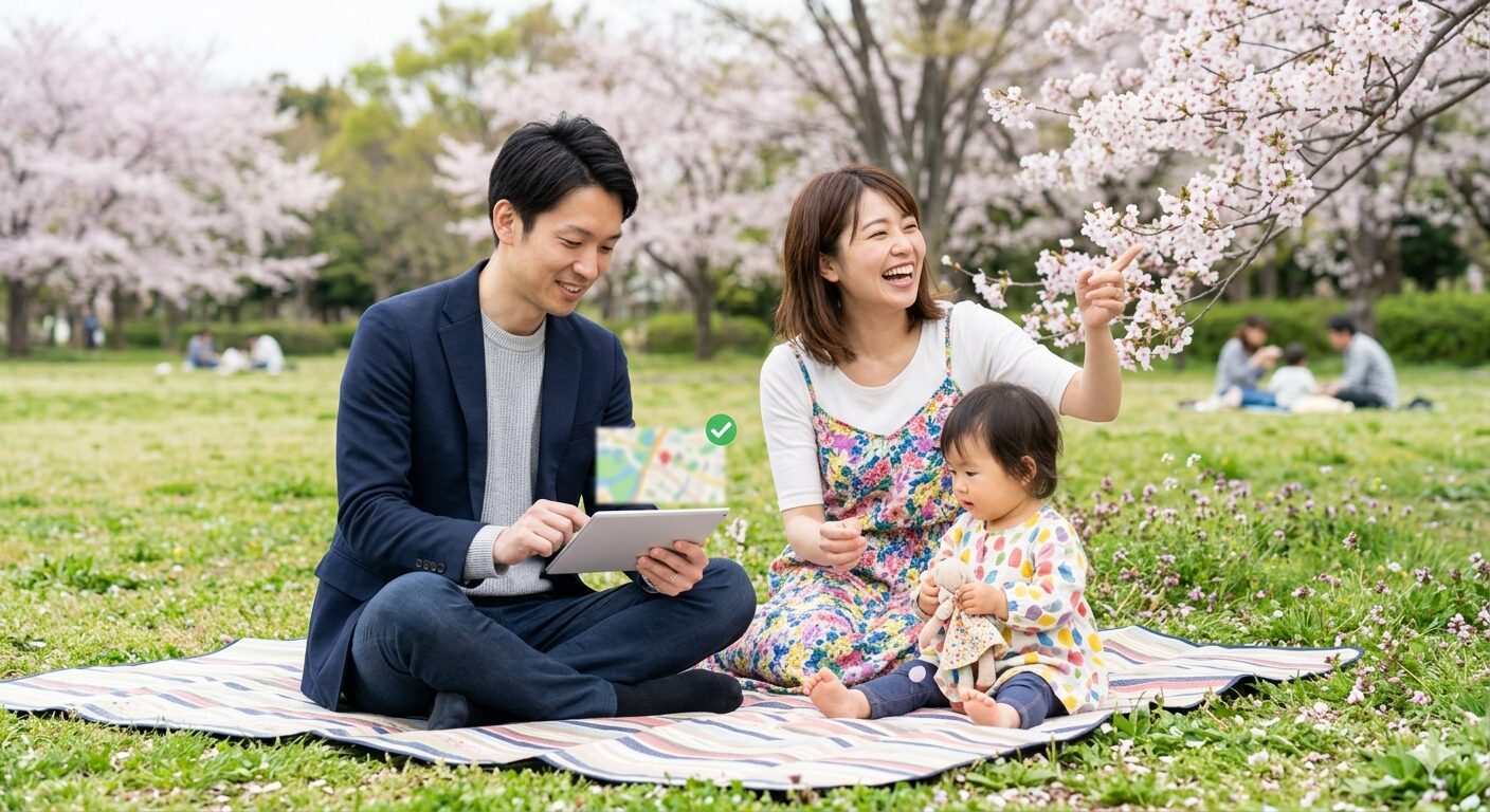 春の陽気の中、埼玉県内の広大な公園（森林公園）で、満開の花々に囲まれながらレジャーシートを広げてピクニックを楽しんでいる1歳児連れの家族。アパ(ITコンサルタント)がタブレットで混雑情報を確認し、ママと子供が笑顔