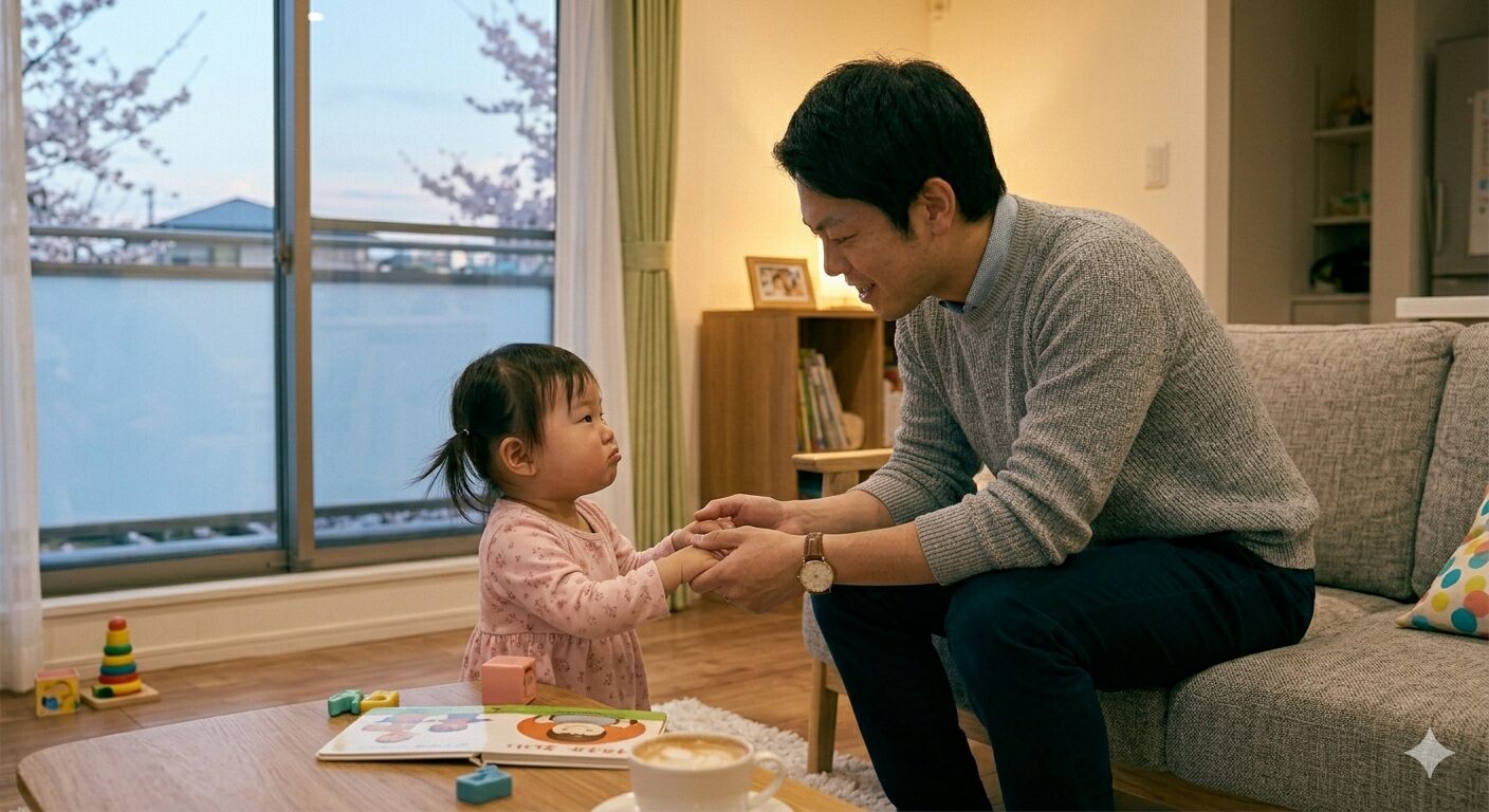 2026年4月の火曜日の夜、リビングのソファで、少し拗ねた表情の1歳児の目線に合わせて優しく語りかけている日本人パパ。パパは両手で子供の小さな手を包み込み、穏やかな笑顔で「共感」を示している。床にはいくつかのおもちゃが散らかっているが、部屋全体には温かく包容力のある雰囲気が漂い、親子の深い信頼関係と成長の瞬間を感じさせる一枚。