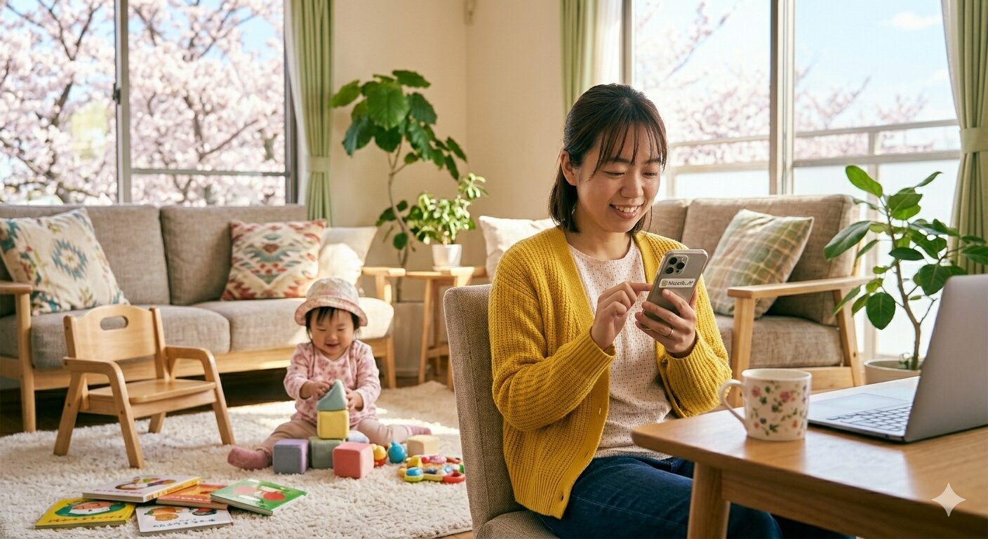 2026年4月の週末、午後の柔らかな光が差し込むカフェのようなリビングで、リラックスした様子でスマートフォンを操作している若い日本人女性（主婦）。彼女の横には1歳の子供が静かにおもちゃで遊んでおり、テーブルの上には美味しいコーヒーと、スマートフォンの画面（シンプルで使いやすそうな家計簿アプリのグラフ）が映っている。手書きのノートではなくデジタルでスマートに家計管理を始めたワクワク感が伝わる、明るく温かみのある日常風景。