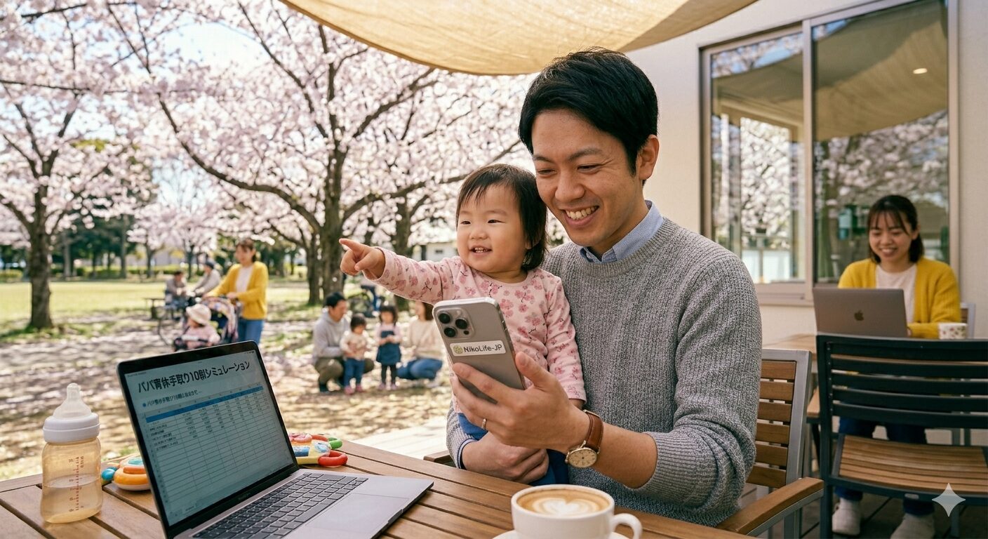 2026年4月の週末、明るいテラス席のあるカフェで、片手で1歳の子供（2024年9月生）をあやしながら、もう片方の手でスマートフォンの「マイナポータル」画面を確認し、育休給付金の申請準備をしているスタイリッシュな日本人パパ。テーブルの上には育児雑誌とノートパソコン、そして家族の未来を話し合っているような温かい雰囲気が漂っている。