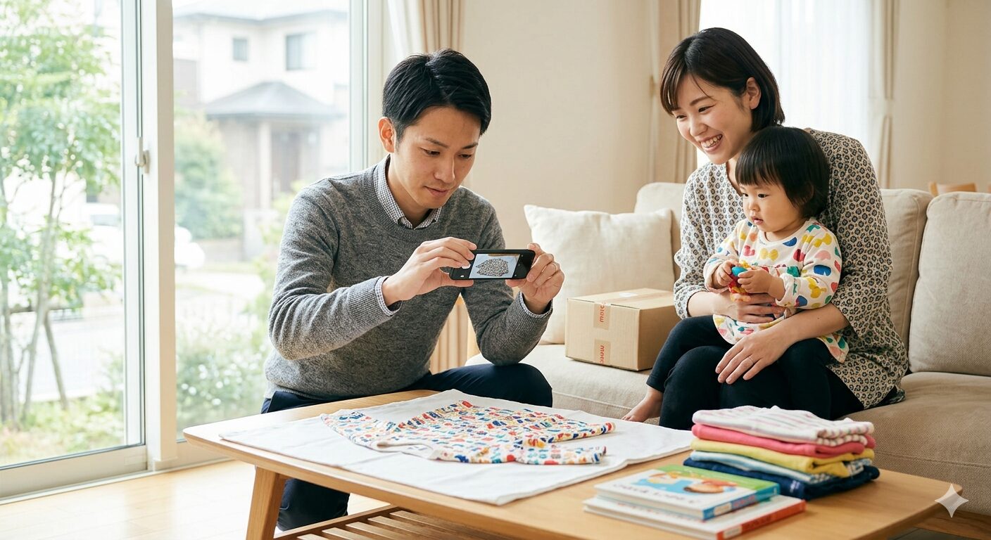 リビングのテーブルで、ITコンサルタントのアパがスマートフォンを使い、サイズアウトした子供服をメルカリに出品するために丁寧に写真を撮影している様子。横ではママが発送用の梱包準備を手伝っており、夫婦で協力して家計の資産循環を最適化している温かい日常の風景。