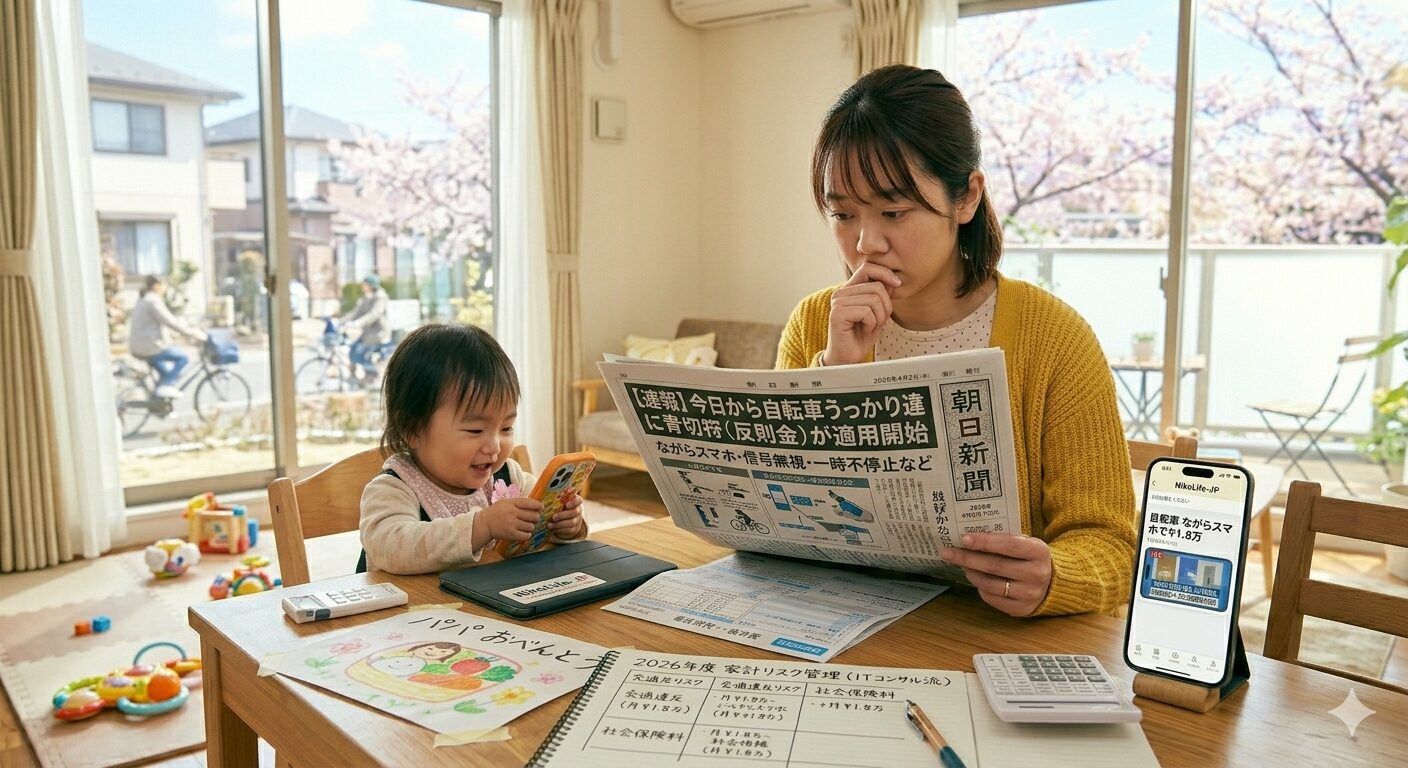 2026年4月の朝、満開の桜が窓から見えるリビングで、スマートフォンに表示された「自転車の交通違反・反則金適用開始」というニュースを夫婦で深刻に見つめている様子。テーブルの上には自転車用のヘルメットと、ITコンサルタントらしい整然とした「家計リスク管理シート」が置かれている。