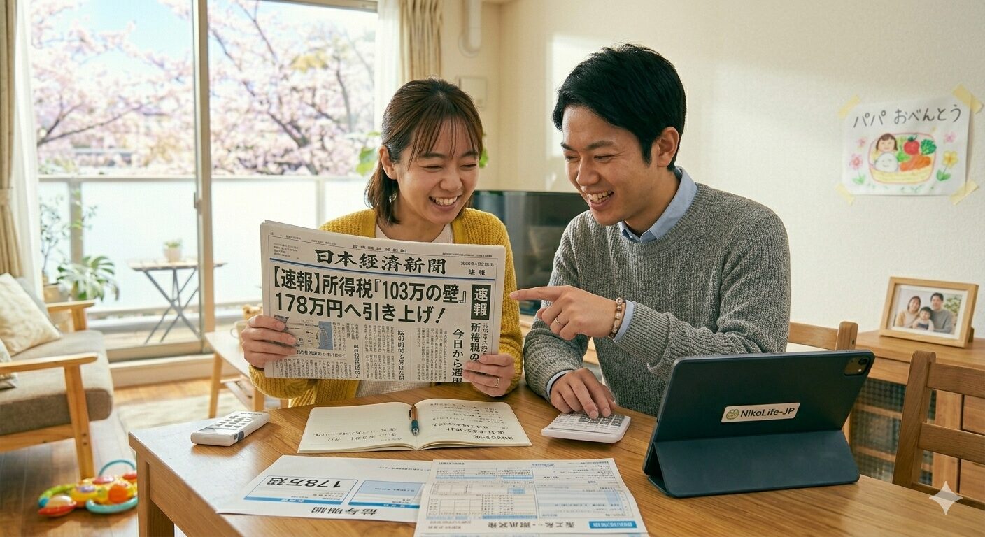 2026年4月、明るい日差しが入るリビングで、最新の経済ニュース「所得税控除 178万円に引き上げ」라는見出しが躍る新聞とタブレットを並べ、電卓を叩きながら嬉しそうな表情で年間の収支計画を立てている日本人夫婦의様子。テーブル의上에는1歳児의育児用品과、将来의教育資金について書かれたノートが置かれている。
