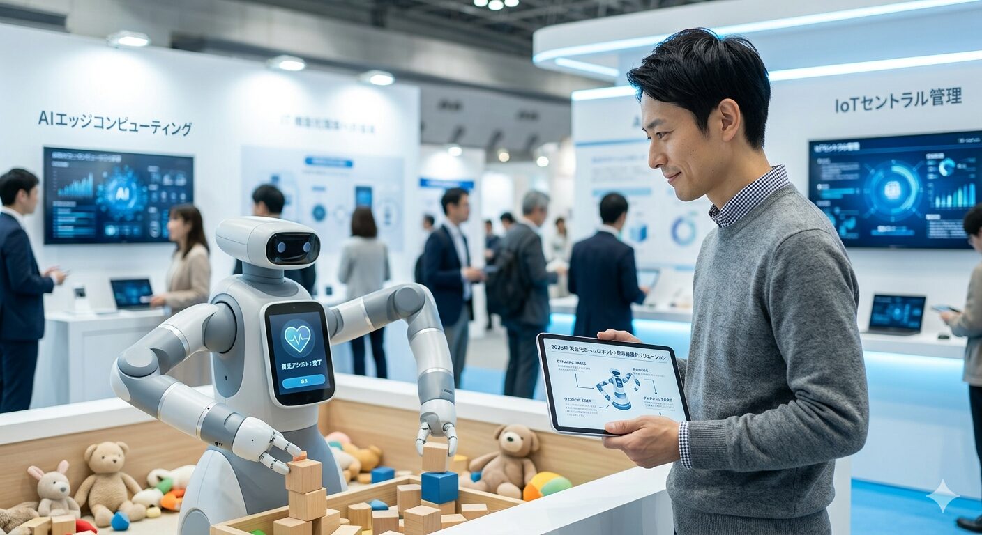 最新のIT家電展示会で、ITコンサルタントのアパがAI搭載の次世代ホームロボットやスマートキッチンツールのデモンストレーションを熱心に視察している様子。タブレットを片手に、これらのテクノロジーが1歳児の育児家庭にどのような最適化をもたらすかをロジカルに分析している、専門性と未来感に溢れた風景。