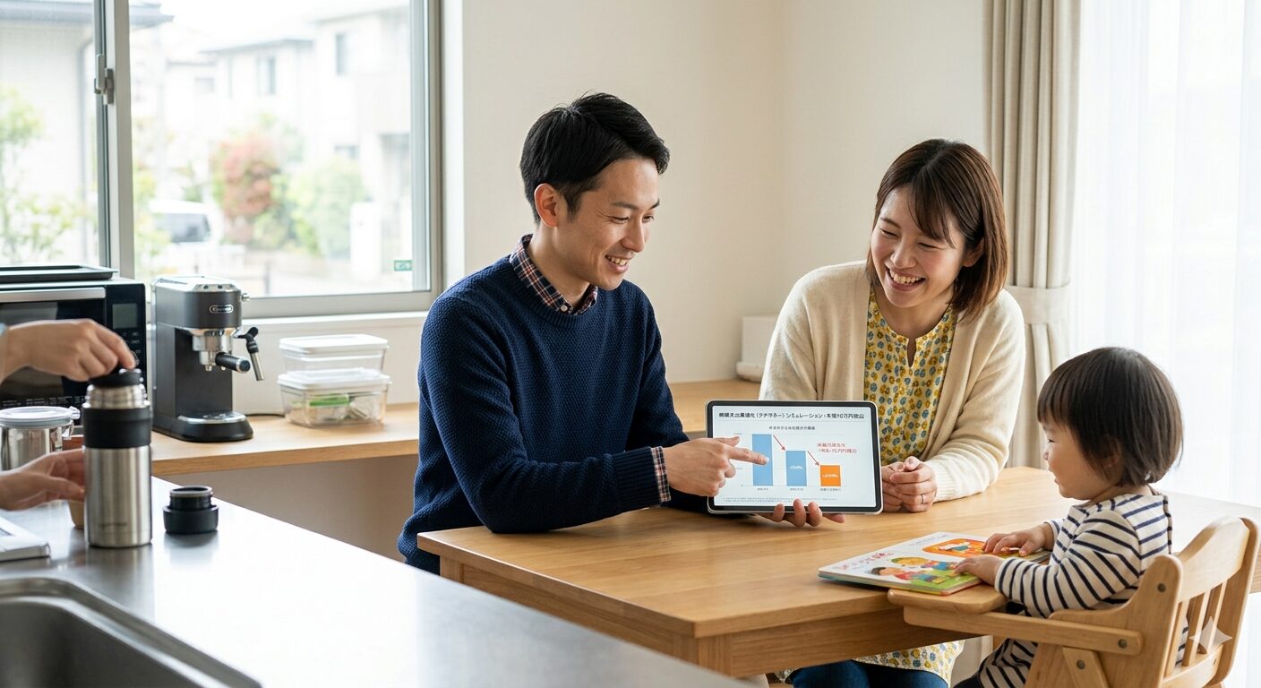 明るい日本のリビングで、ITコンサルタントのアパがタブレットを使って、日々の微細支出（ラテマネー）のキャッシュフローをデータ分析し、年間10万円の捻出シミュレーションをしている様子。横でママが高性能なマイボトルにコーヒーを淹れており、夫婦で協力して家計を最適化し、将来の子供の教育資金（関連記事参照）を確保しようとしている、専門性と温かみのある日常の風景。