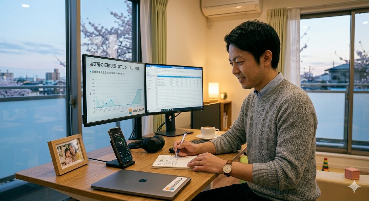 2026年4月の日曜日の夜、整理整頓されたホームオフィスで、明日（月曜日）のタスクリストをノートに書き出している落ち着いた様子の日本人パパ。デスクには高機能なヘッドセットとデュアルモニター、そして子供の写真が飾られている。開いた窓からは夜の静かな街並みが見え、仕事と育児を両立させる自信に満ちた、前向きな日曜日最後のルーティン風景。